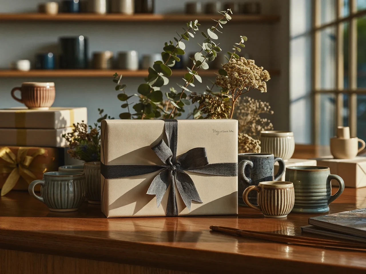 Banco in legno illuminato dal sole con regali incartati, ceramiche e rametti botanici