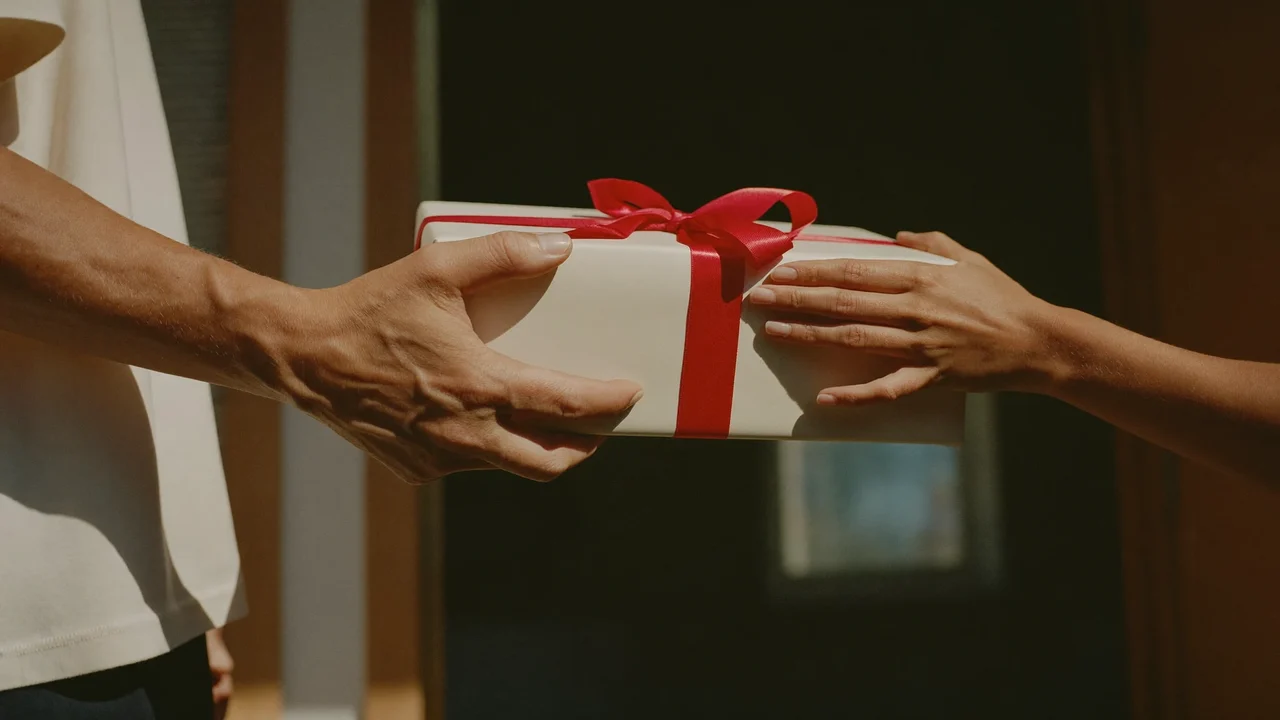 Persona che consegna un regalo incartato su una soglia, nella luce calda del pomeriggio